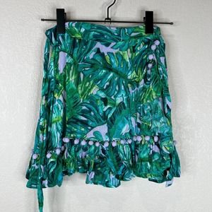 Lovers + Friends Alicia Wrap‎ Skirt Sz Small Lilac Palm Pom Pom Trim Mini Resort